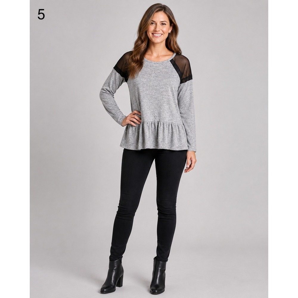 BCBGeneration Sweater Womens XXS Gray Black Lace‎ Shoulders Peplum Hem
